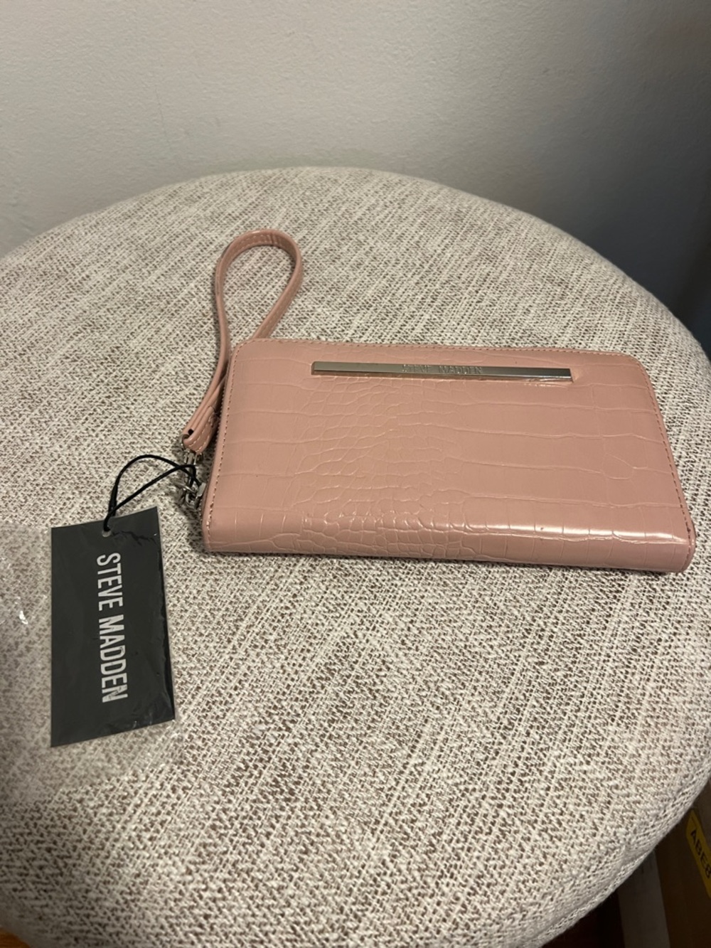 Steve Madden Pink Croc-Embossed Wristlet with Metal Accent